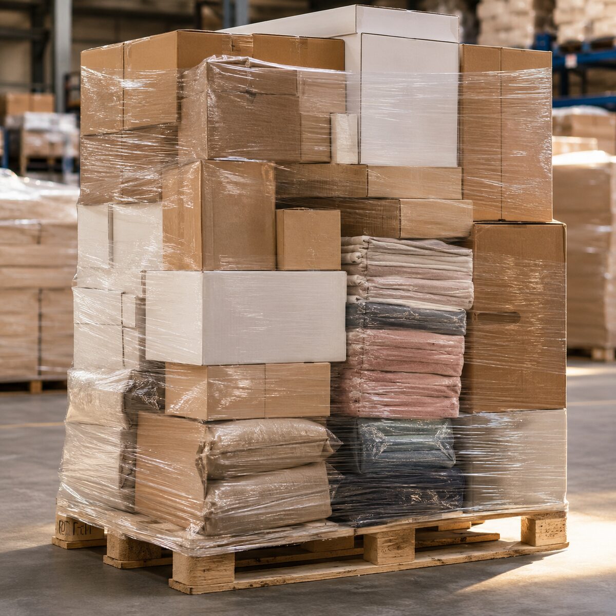 Open box with branded items beside a clipboard holding an Excel packing list, on a wooden pallet