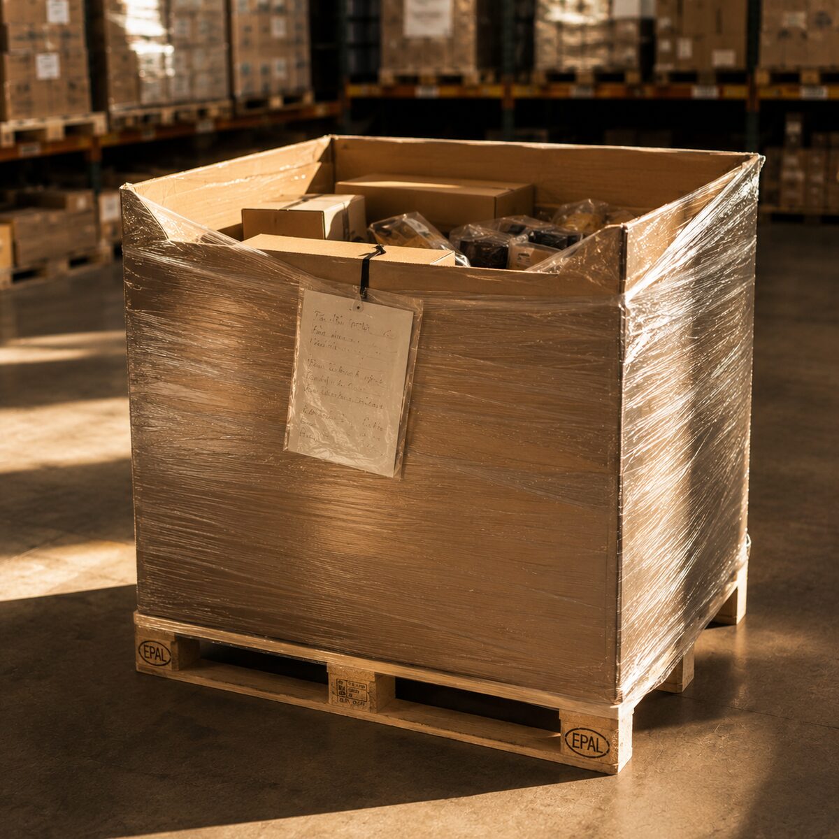 Wholesale mixed pallet with branded boxes and folded textiles, ready for shipment