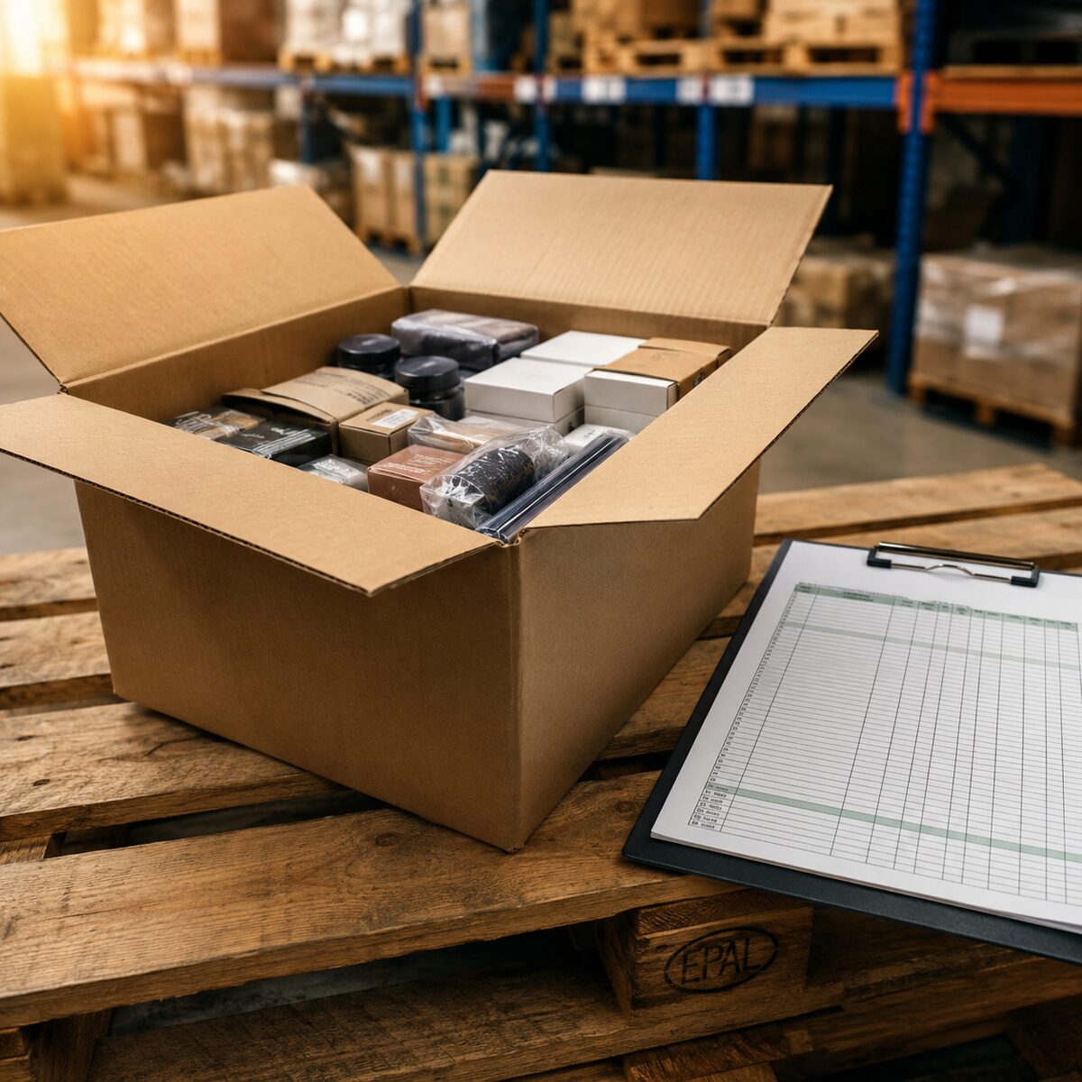 Sunlit pallet of stock wrapped in stretch film with a handwritten paper tag in a warehouse aisle