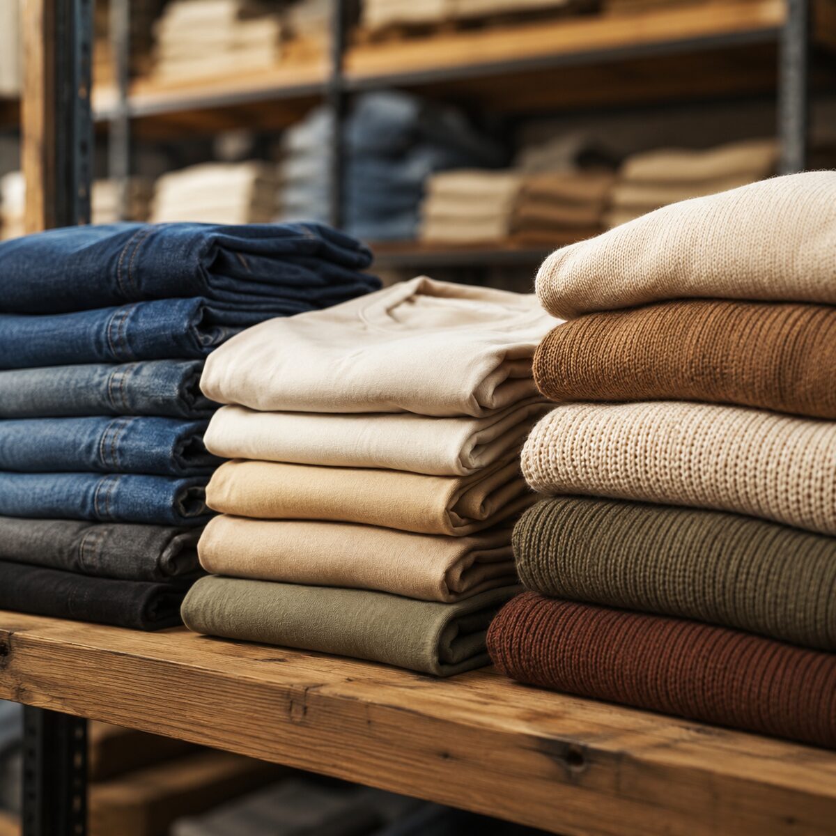 Folded jeans, t-shirts and knitwear in earth tones stacked on a warehouse shelf