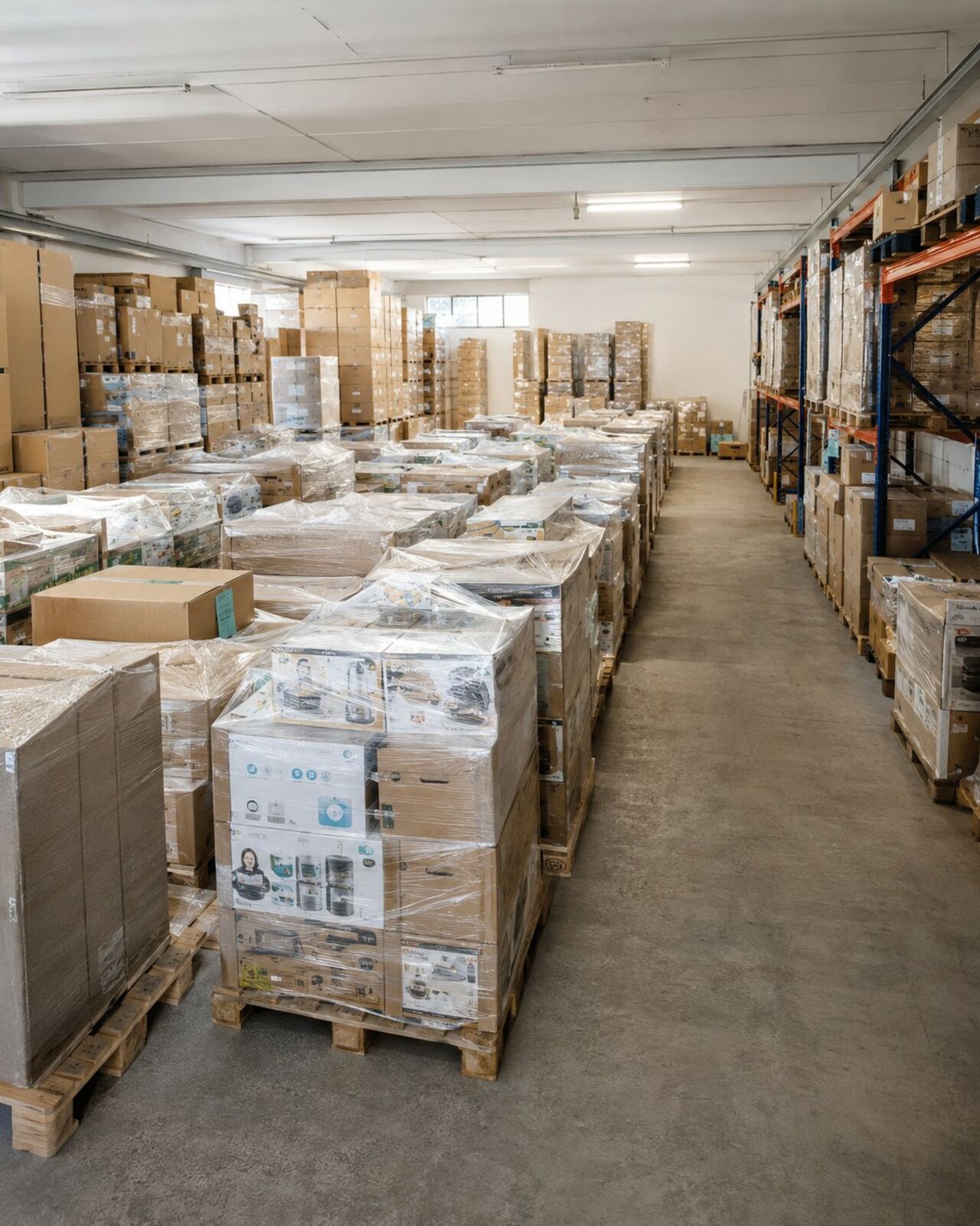 Rows of shrink-wrapped pallets and stacked boxes in the Stock Continent wholesale warehouse