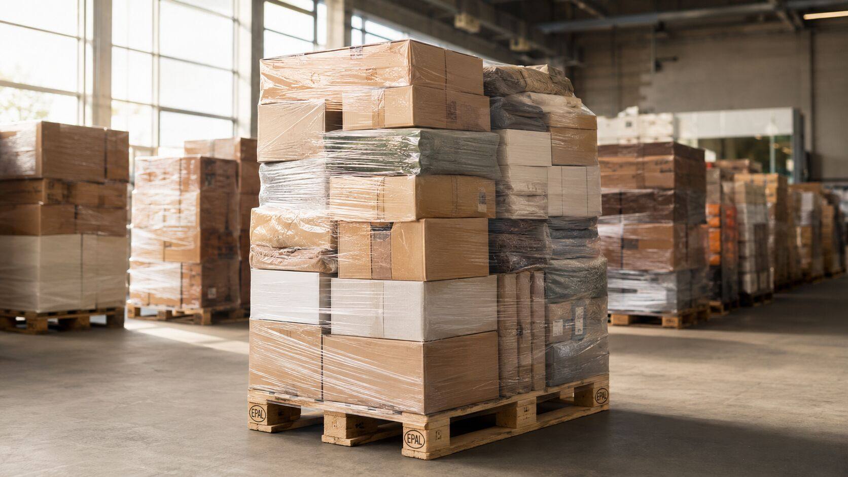 Wholesale Mixed Pallet in warehouse with branded household goods, electronics and textiles