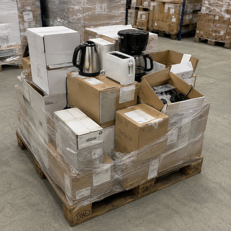 Boxed household appliances on a pallet