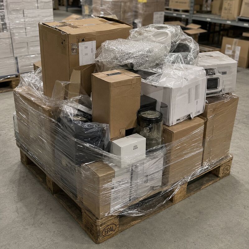 Mixed assortment of boxed goods shrink-wrapped on a pallet